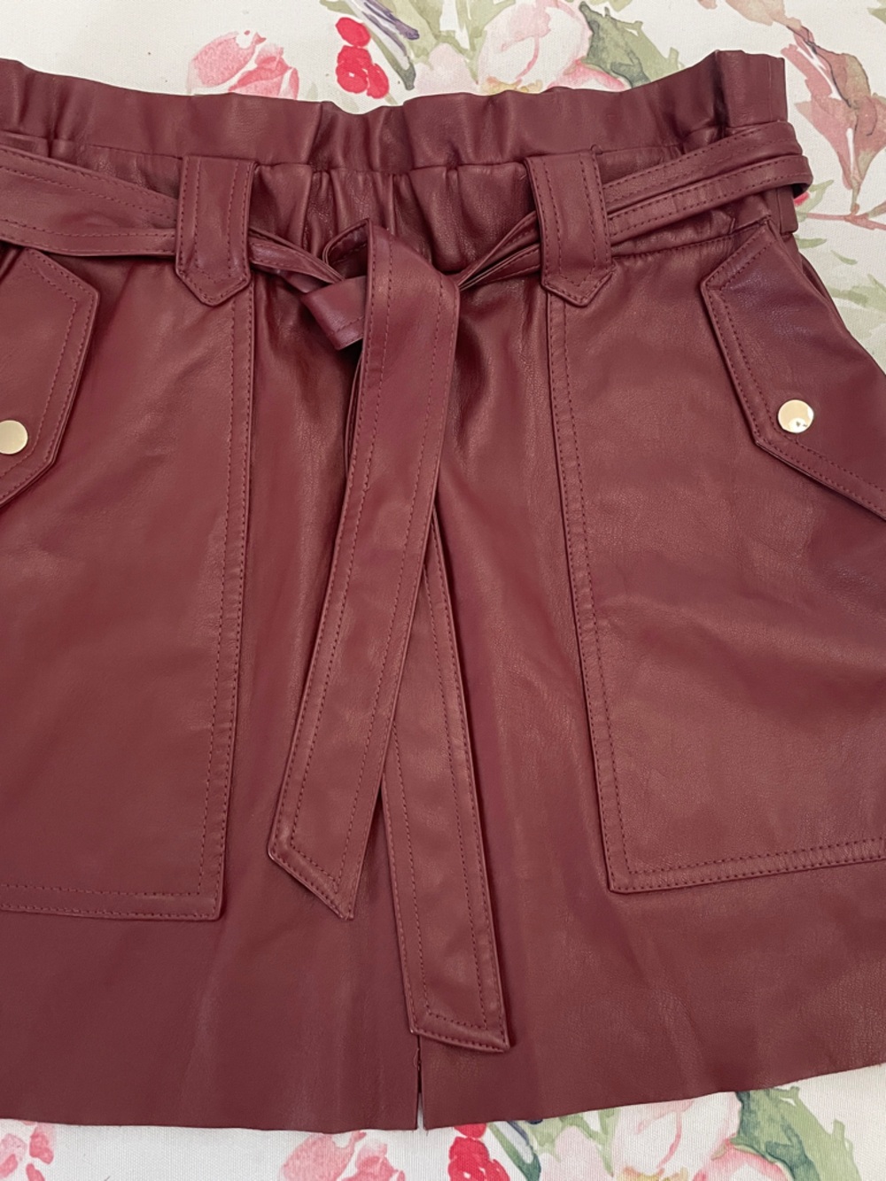 Zara Burgundy Faux Leather Mini Skirt with Tie Belt